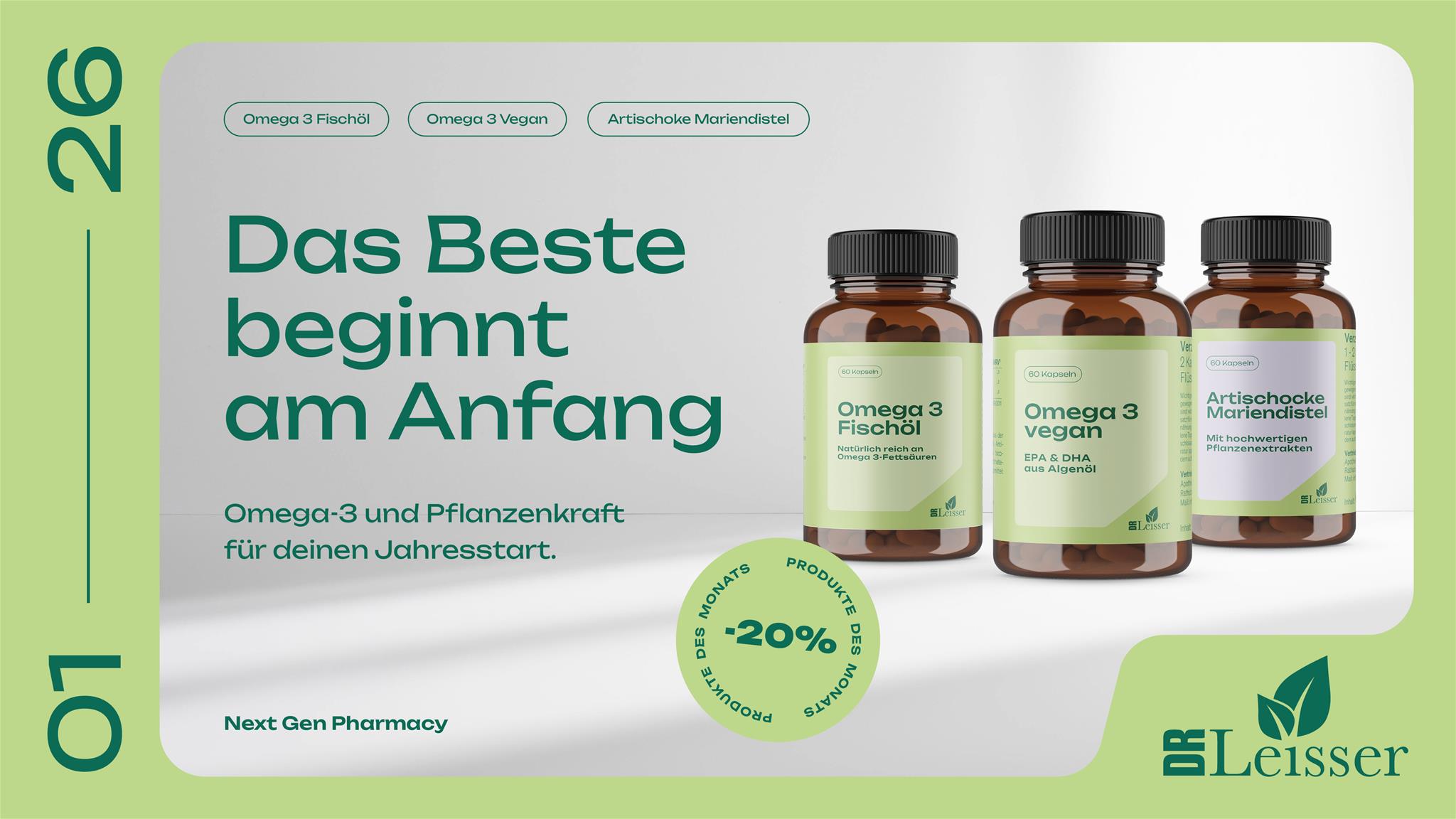 Jänner Aktion mit 20% Rabatt auf Omega 3 Fischöl, Omega 3 Vegan & Artischocke Mariendistel